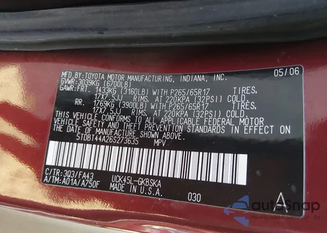 2006 Toyota Sequoia Sr5 V8 из США, поврежденный, VIN 5TDBT44A26S273635